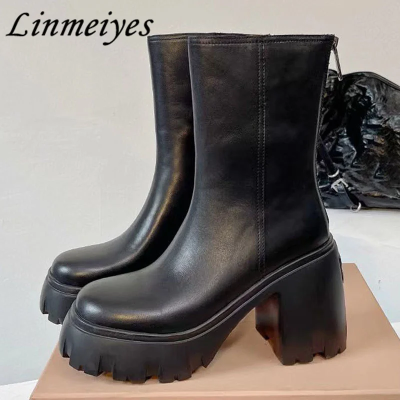

New High Heel Chelsea Boots Women Genuine Leather Round Toe Thick Sole Short Boots Female Black Platform knight Boots Woman