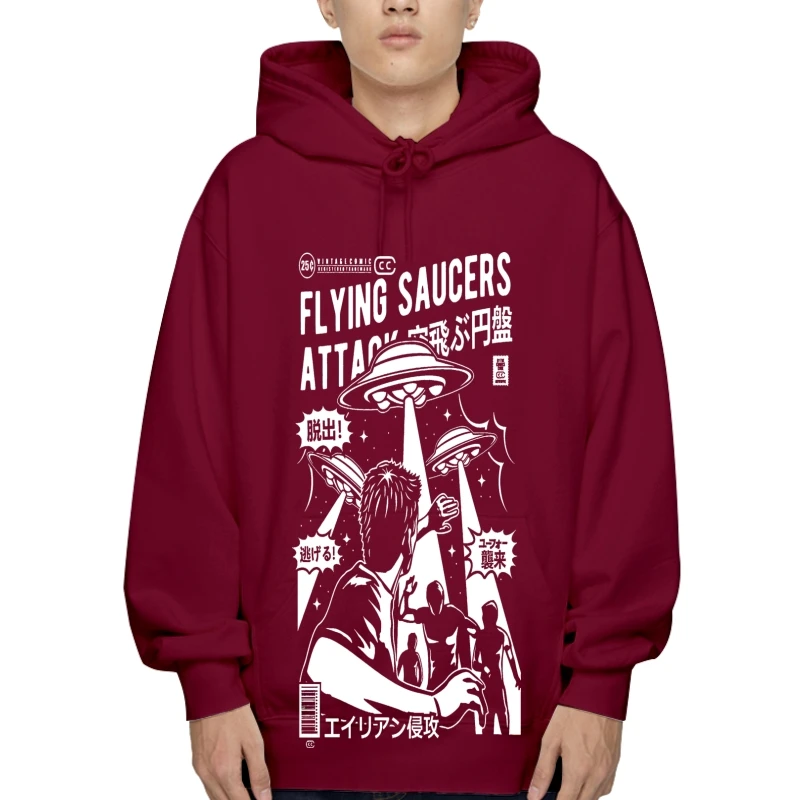 

Hoodi винтажная летающая тарелка комикс инопланетянин НЛО в монохромном стиле Свитшот винтажная флисовая верхняя одежда