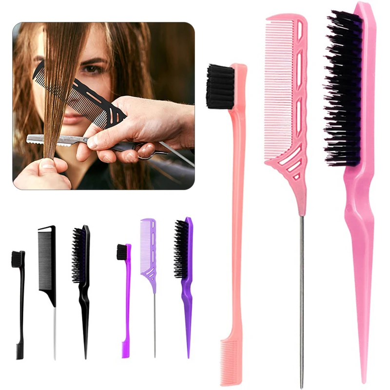 

3Pcs/Set Hair Brush Set,Hair Styling Comb Including Dual Sided Edge Brush & Rat Tail Comb And Teasing Comb For Home Barber