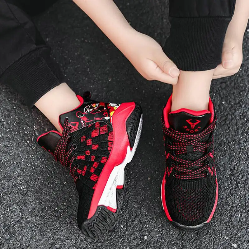 Breathable flying woven children's shoes High top Student sneakers Tennis Comfortable outdoor running shoe Boys' basketball shoe