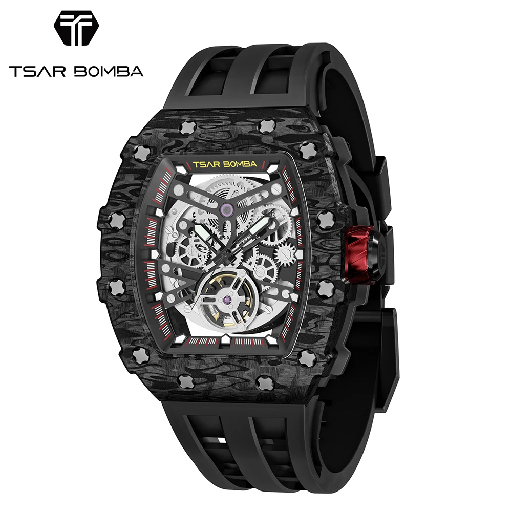 

2022 TSAR BOMBA Luxury Men Watch Carbon Fiber Bezel 50ATM Waterproof MIYOTA Movement Wristwatch Mechanical Skeleton Design Reloj