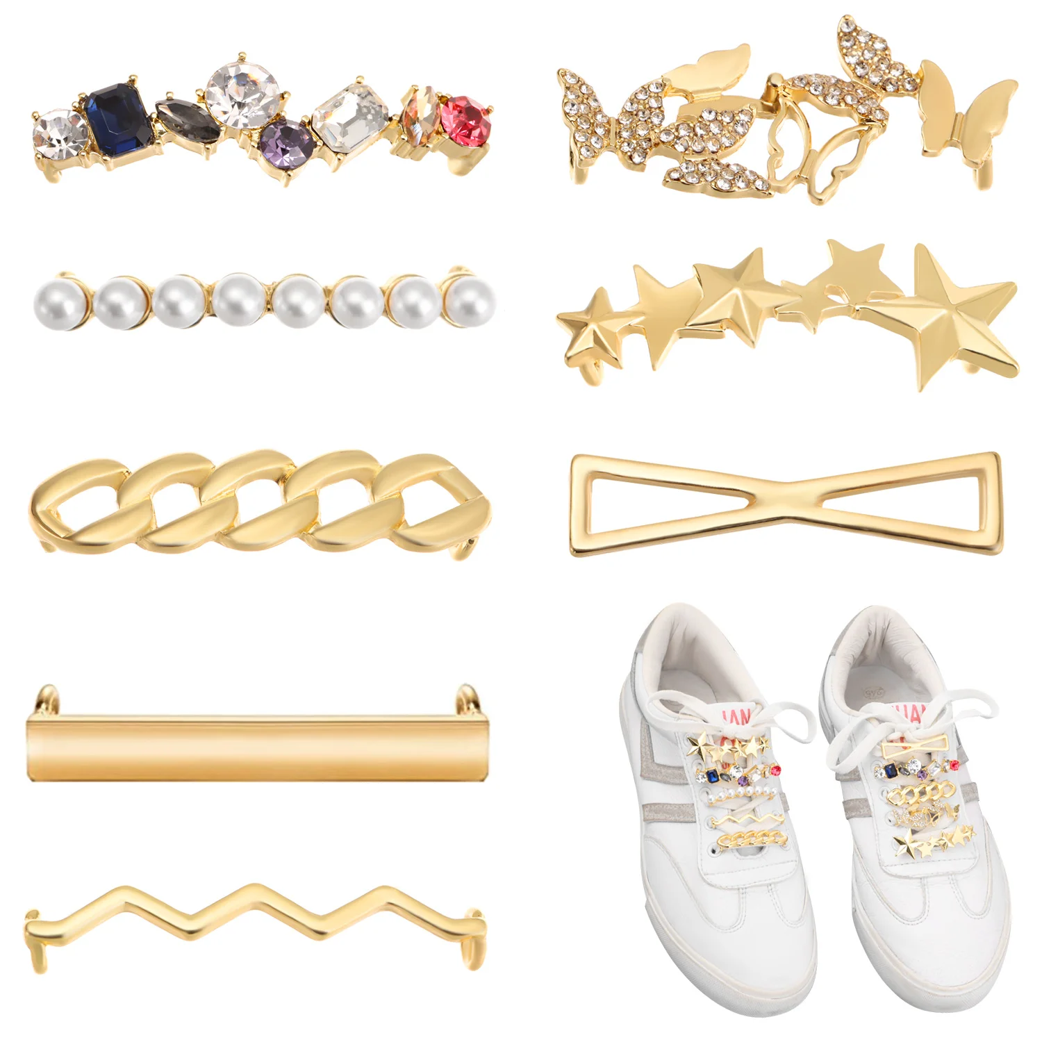 

Shoelaces Decoration Clips Faux Pearl Rhinestones Shoes Accessory Decorations DIY Shoe Clips Charms Golden Shoelaces Decorations