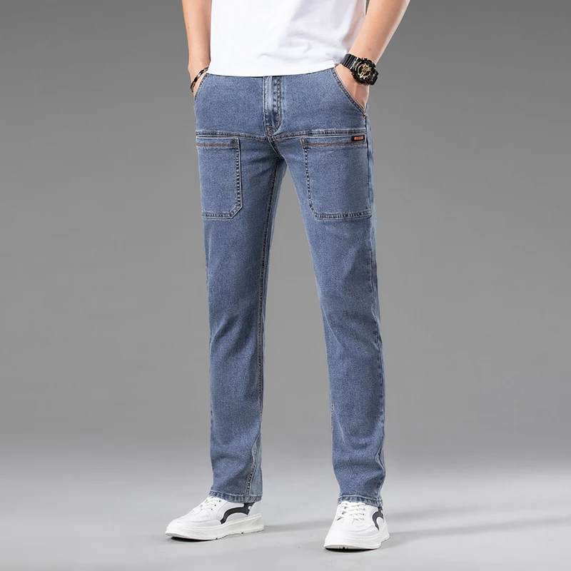

Sulee Multi-bag Design Large Capacity Straight Leg Stretch Jeans Classic Style Blue Slim Cotton Elastic Regular Fit Denim Pants