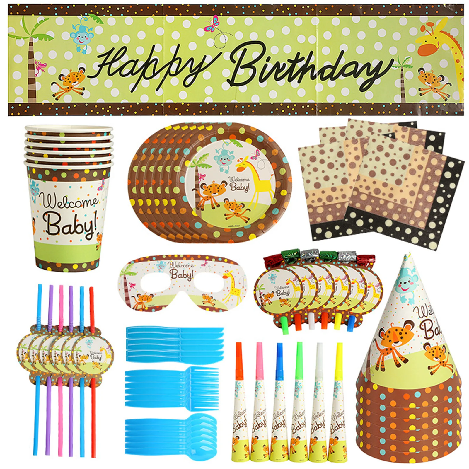 

71pcs Animals Themed Birthday Party Tableware Safari Birthday Decorations Jungle Theme Plates And Napkins Cups Cutlery Straws