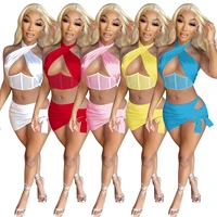 adogirl sexy summer beach y2k outfits two piece set women skirt and halter backless crop top solid matching sets vacation 2022