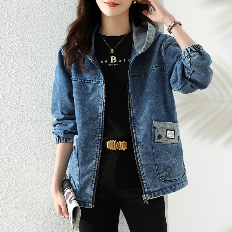 

Hooded Casual Women's Denim Coat Autumn Loose Pockets Patchwork Zipper Simple Vintage Fashion All-Match Solid Color Outerwear