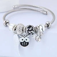 2022 new stainless steel fashion bracelet diy beaded owl angel wings pendant open bracelet