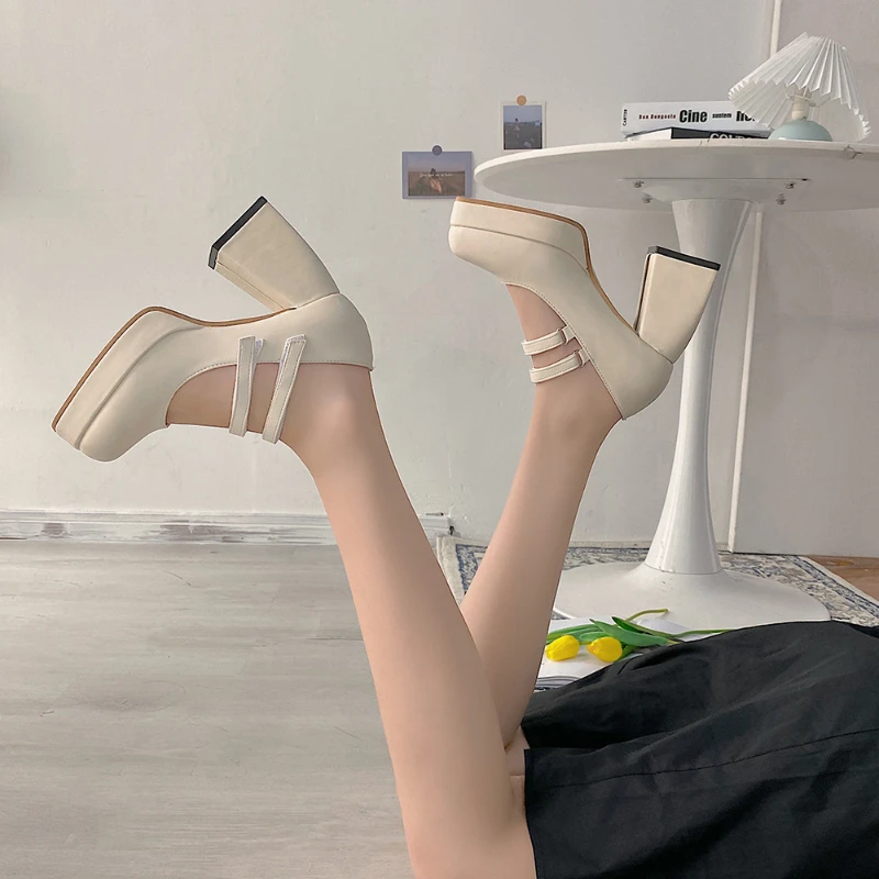 

Mary Jane Shoes 2023 Summer Square Toe Hollow Out Leather Shoes Women Shallow Single Pumps Women Fashion Ankle Strap Shoes