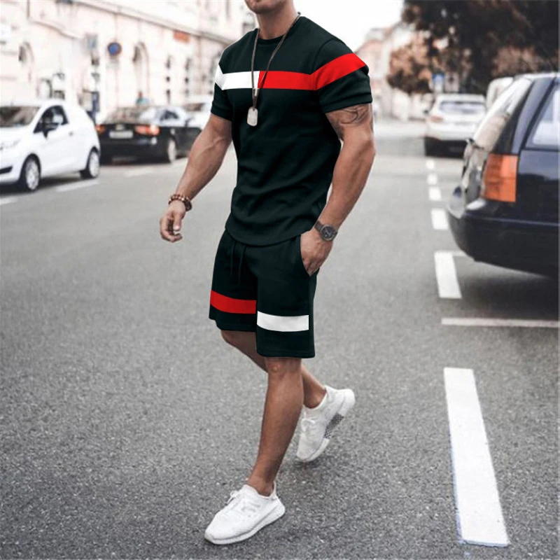 Men's Tracksuit Stripe Simple 2 Pieces Solid Color T-Shirt Shorts Casual Clothing Summer Fashion Jogging Suit Streetwear Outfit