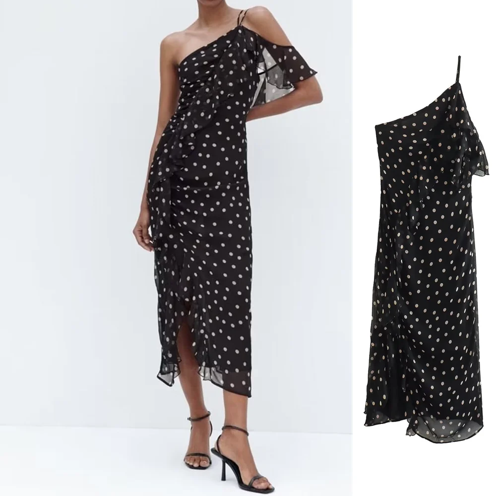 

Летнее Новое Женское модное и элегантное платье UNIZERA 2023 в европейском и американском стиле с многослойным украшением в горошек с диагональным вырезом
