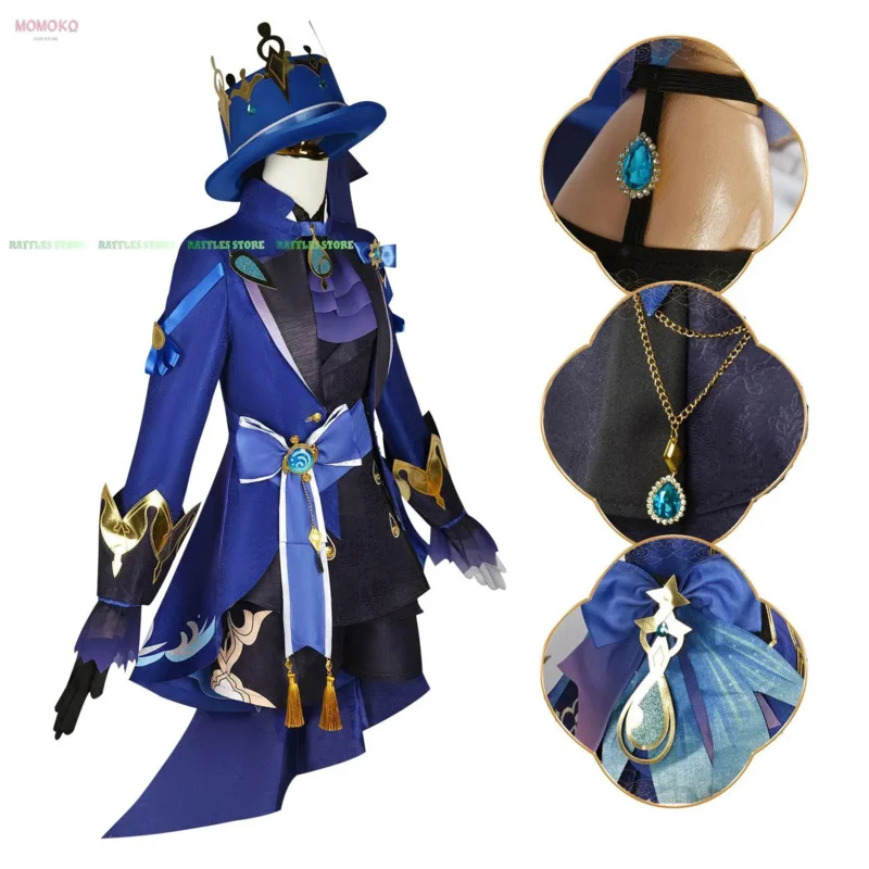 Женский костюм для косплея Furina парик шляпа Genshin Impact аниме черные фокалоры одежда