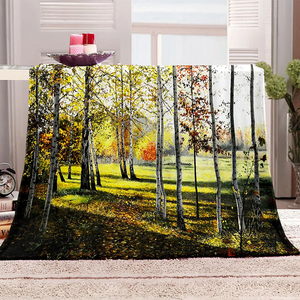 HUANZHUANG Плед Для Кровать Принт Двойной Диван 3D Пейзаж Березового Леса Одеяло Шерпа
