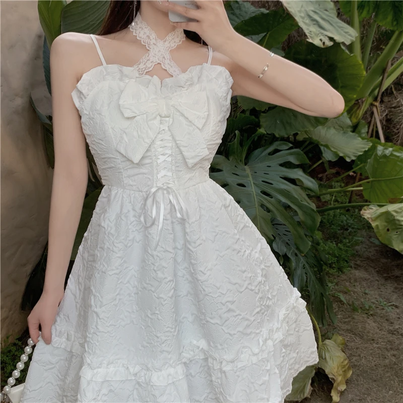 

Белое короткое платье-трапеция с завышенной талией, женское летнее платье Вечерние бантом, праздничное сказочное платье на бретелях-спагет...