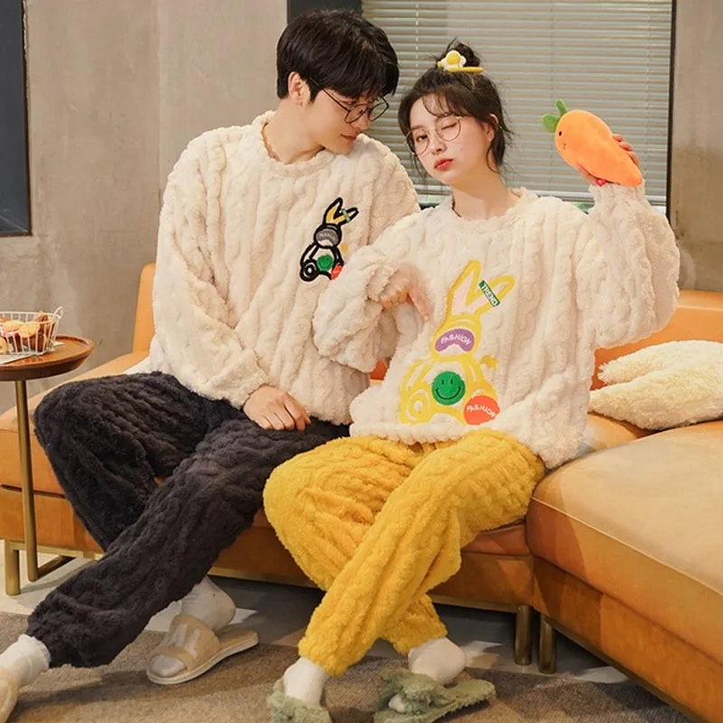 QUHENG 2022 Winter Long Sleeve Couple Thick Warm Flannel Pajama Sets for Men Cute Cartoon Sleepwear Women Homewear Home Clothes