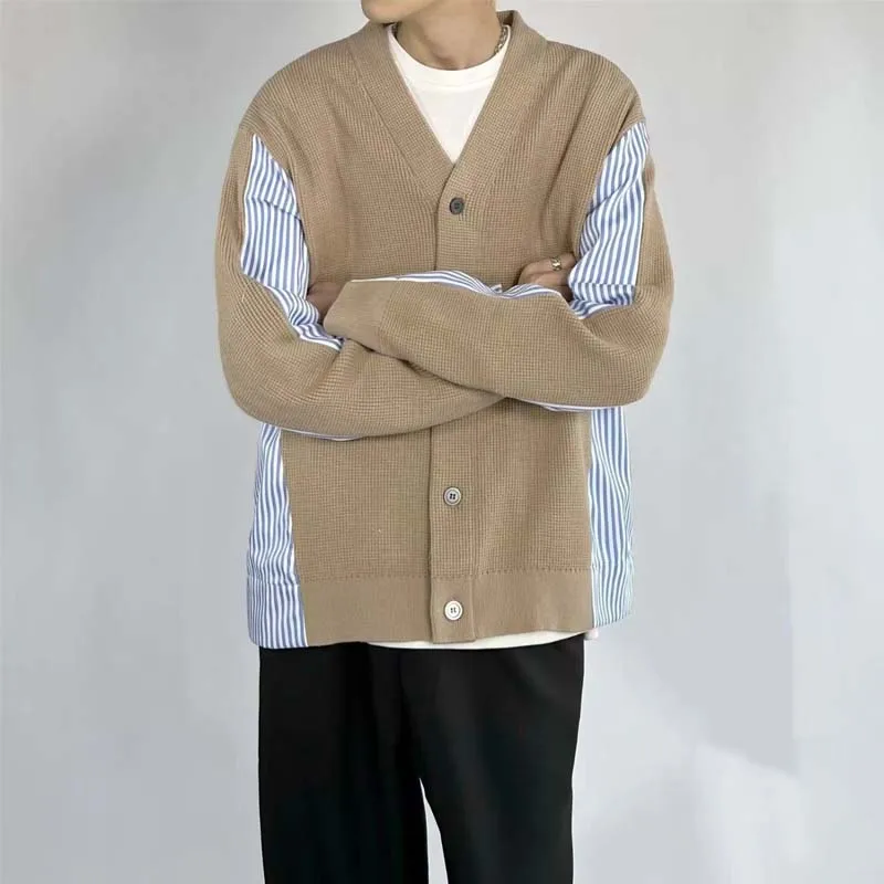 Spring And Autumn 2023 Patchwork Knitted Cardigan Men's Collarless Design Sense Striped Shirt Temperament, Lazy Outer, Loose Lon
