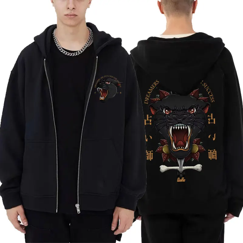 

Japanese Anime Panther Graphic Zipper Hoodie Men Fashion Streetwear Male Manga Vintage Zip Up Jacket Men's Oversized Sweatshirt