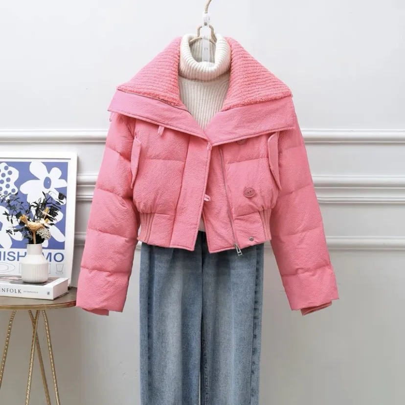 

Женский короткий пуховик с откидным воротником, модное короткое пальто в Корейском стиле на белом утином пуху, новинка зимы 2023