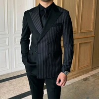 black striped contrast suits for men 2021 peaked lapel slim fit mens double breasted blazer male prom party dress wedding suits