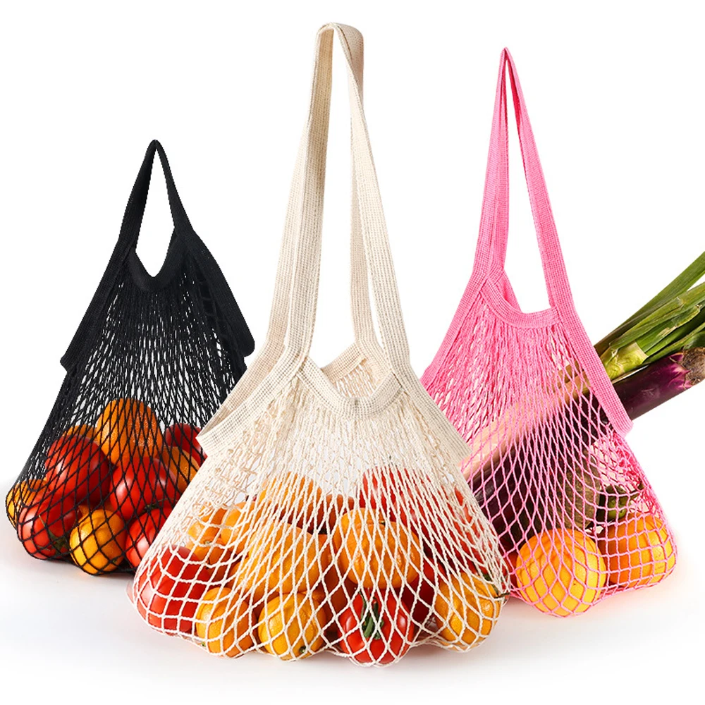 

2Pcs Portable Shopping Net Cotton Bag with Long/ Short Handles, Large Reusable Washable Mesh Bag for Fruit Vegetable Storage