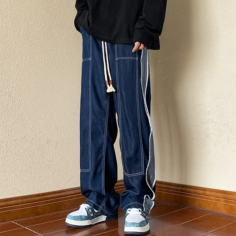 

Мужская одежда, новинка 2022, дизайнерские свободные Универсальные синие джинсы для отдыха, прямые широкие брюки с цилиндрическими штанинами, осенние женские