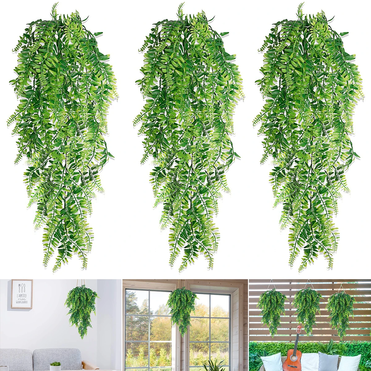 

3Pcs Boston Fern Faux Plant Fake Hanging Vines Reusable Plastic Fake Greenery Realistic Persian Rattan Fake Hanging Plant