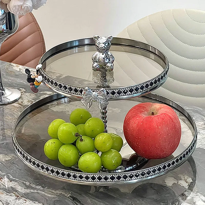 

Diamond Glass Fruit Plate Living Room Tea Table Household Kitchen Light Luxury 2-layer Dessert Afternoon Tea Snacks Nut Plate