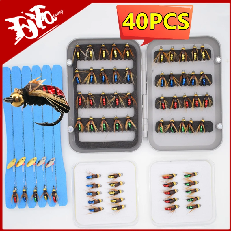 

40PCS #14 Hot Sale Brass Bead Head Fast Sinking Nymph Scud Fly Bug Worm Trout Fishing Flies Artificial Insect Fishing Bait Lure