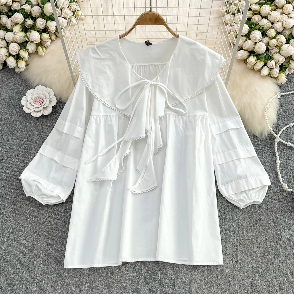 

SuperAen Spring 2022 New Loose Ruffled Women Tops Fashion V-neck Full Solid Casual Shirt