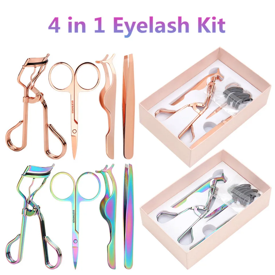 

4 в 1 Набор для наращивания ресниц и бровей, пинцет для ресниц, пинцет для ресниц, пинцет для завивки бровей, ножницы, инструмент для макияжа