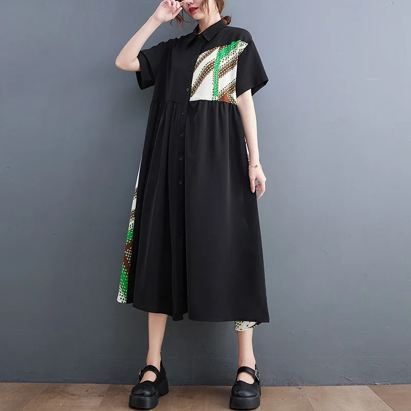 

SuperAen 2023 летнее женское платье-рубашка оверсайз с коротким рукавом и принтом