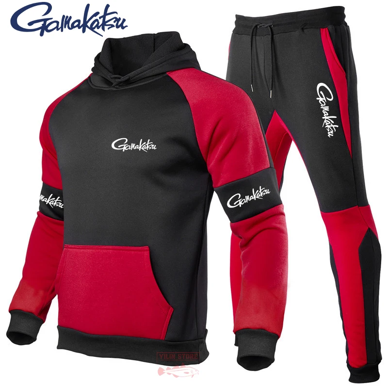 

Gamakatsu Fishing Clothing New Men Spring Autumn Fashion 2-Piece Sportswear Hooded Sweater + Pants Patchwork Hooded Sweater Set