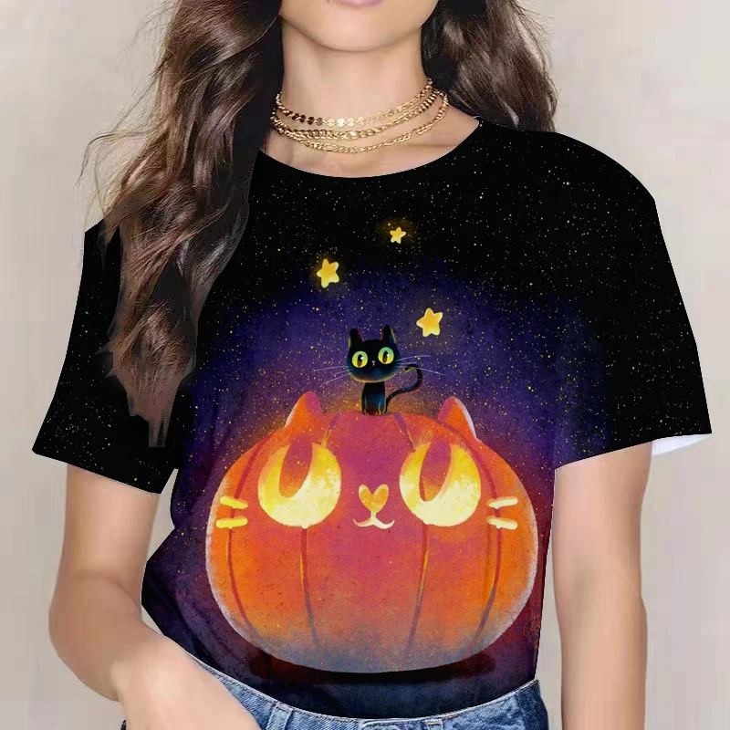 

Ladies Halloween Cartoon Little Witch Pumpkin Short Sleeve T-shirt Polyester Funny Solar Terms Youth Trend Comfortable Top