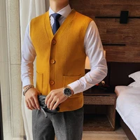sleeveless knitted vest for men solid color casual slim sweater autumn winter vest v neck cardigan business social male clothing
