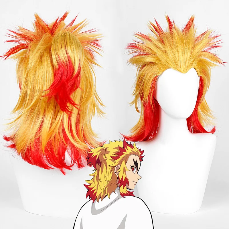

Anime Demon Slayer Rengoku Kyoujurou Wig Cosplay Anime Men's Wig Halloween Animation Festival Carnival Masquerade Party + Cap