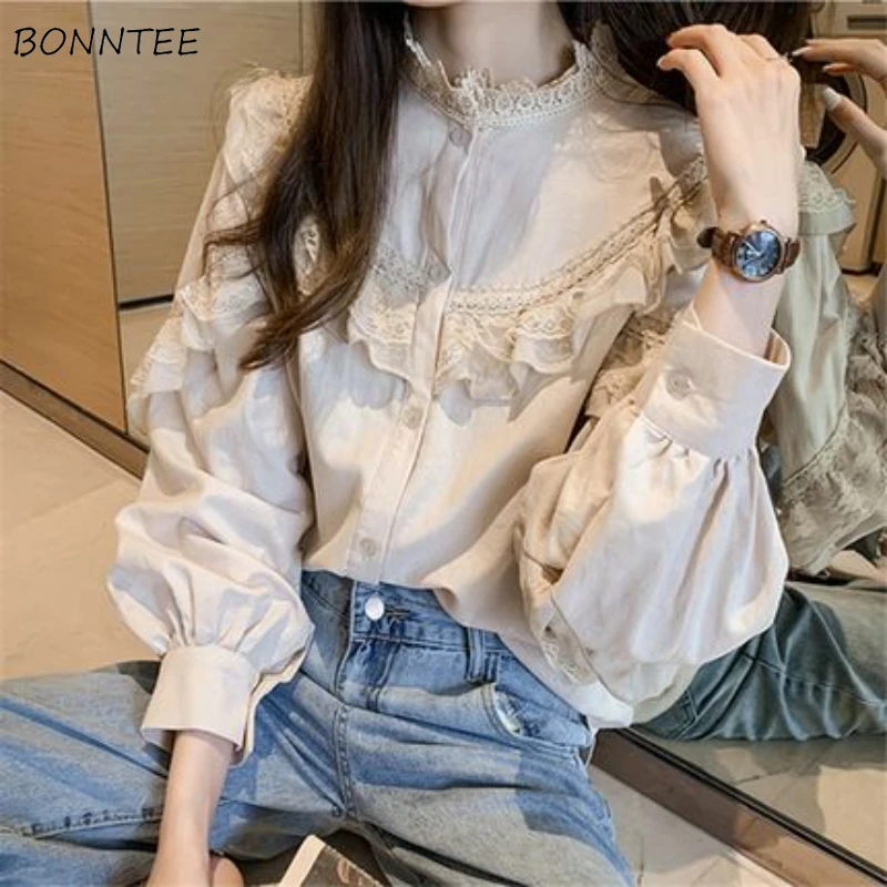 

Shirts Women Lace Streetwear Lovely Elegant Ladies Solid New Design Breathable Fashion Lantern Sleeve Mujer Cozy Ins Hot Sale