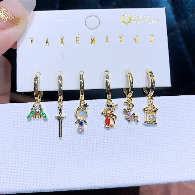 

MIGGA 6pcs Fairy Tales Small Princess Pendant Dangle Earrings Set for Women Girls Cubic Zircon Jewelry