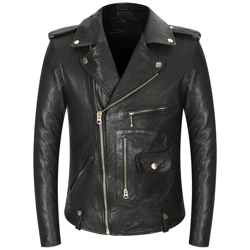 

Мужская мотоциклетная куртка на молнии, винтажная байкерская куртка из 100% овечьей кожи, пальто из натуральной кожи в стиле рок