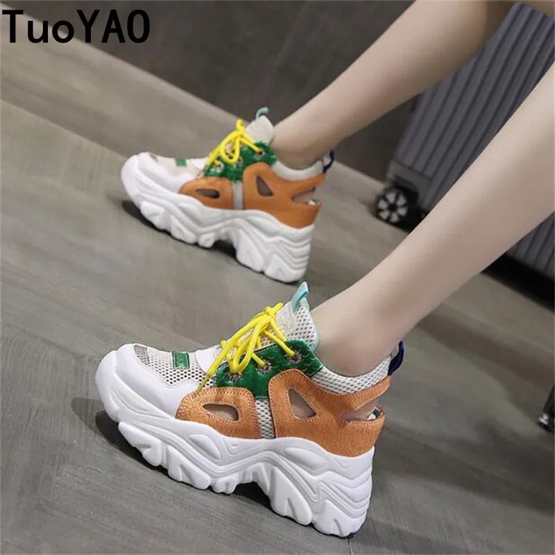 

Women Chunky Platform Mesh Sneakers 2022 New Ulzzang Breathable Trainers Lace-up Vulcanized Shoes Female Dad Casual Sports Shoes