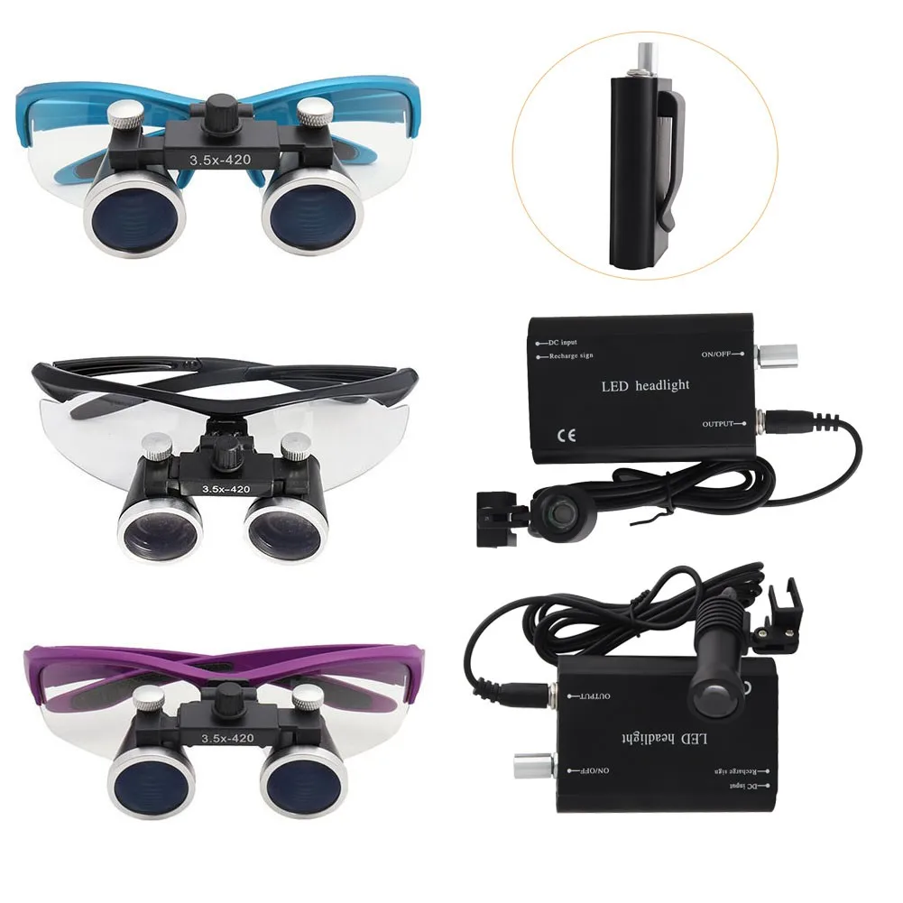 

Dental Loupes Medical Magnifier 2.5 3.5x420 Magnification Binocular 3W 5W Headlight Belt-clip Battery Cloth Case