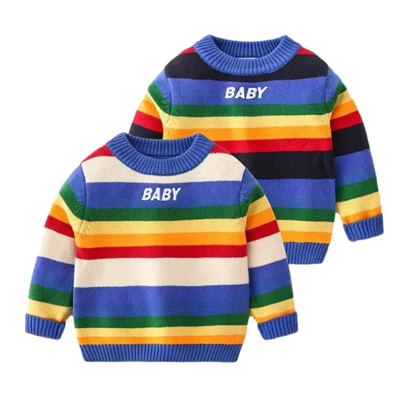 

Toddler Boys Sweater Casual Rainbow Striped Warm Cotton Baby Boy Tops Pullovers Autumn Winter Thick Sweaters Children Clothes