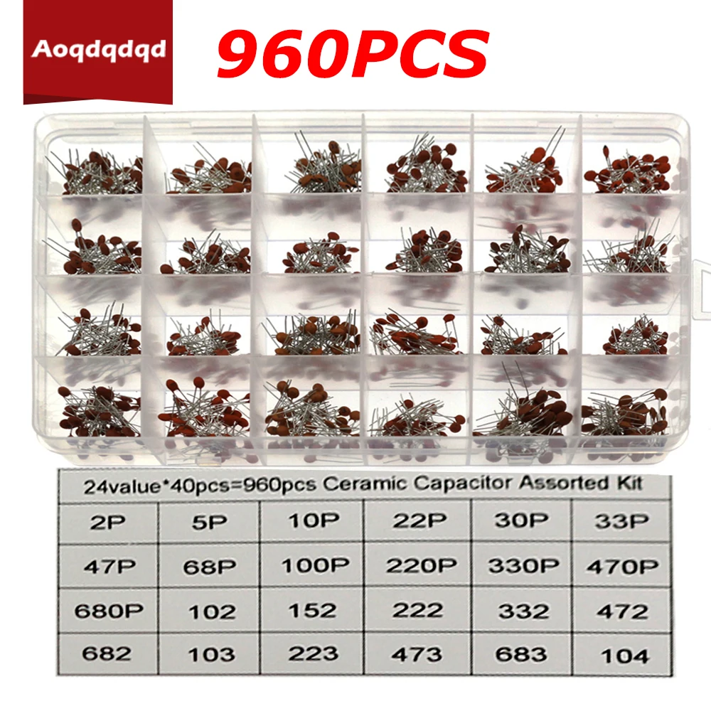 

960PCS 24value Ceramic Capacitor Assortment Kit 2pF-680pF 50V DIY Electronics for Arduino PCB Circuit Board