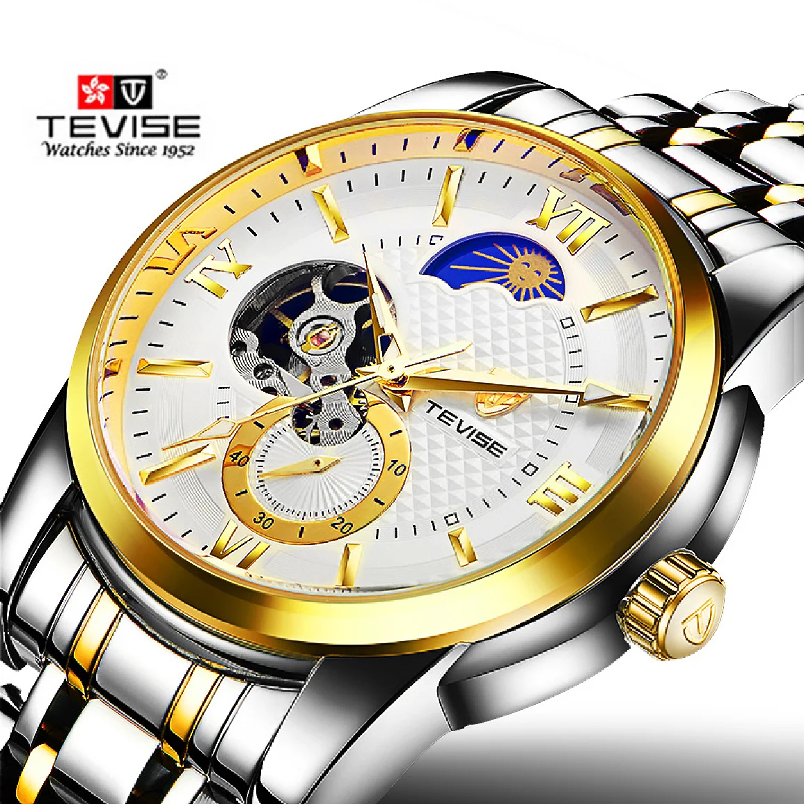 

Мужские механические часы марки Tevise, Модные Роскошные автоматические часы, повседневные золотые наручные часы с Лунной фазой, мужские часы