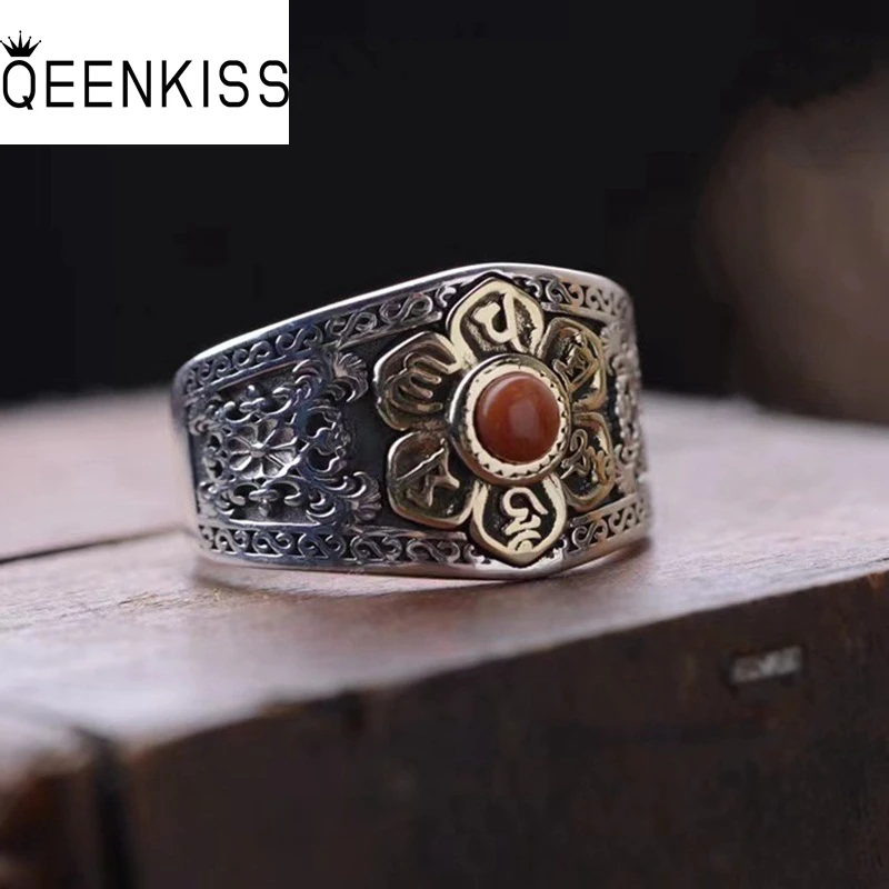 QEENKISS стандартное серебряное кольцо с лотосом для мужчин винтажное регулируемое