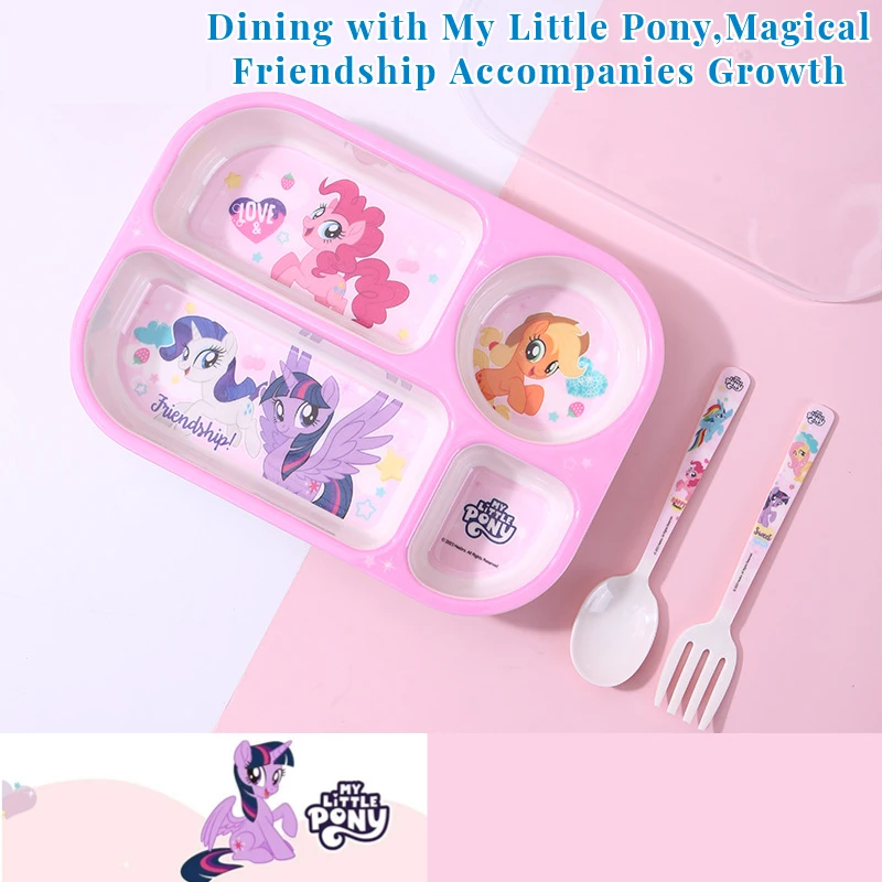 Фото Набор посуды My Little Pony для малышей, разделенная тарелка для кормления, небьющаяся тарелка с мультяшным рисунком, ложка, вилка, посуда для ужина, подарок для ребенка №4