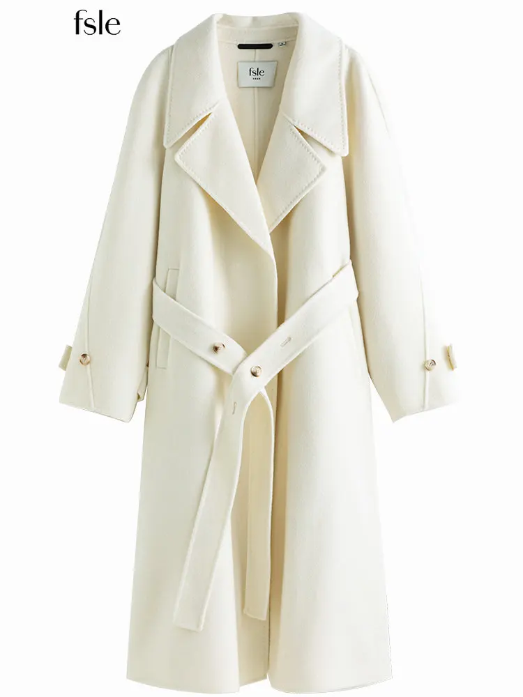 

Женское зимнее длинное двустороннее кашемировое пальто FSLE, офисное элегантное шерстяное пальто высокого качества, дизайнерская шерстяная ...