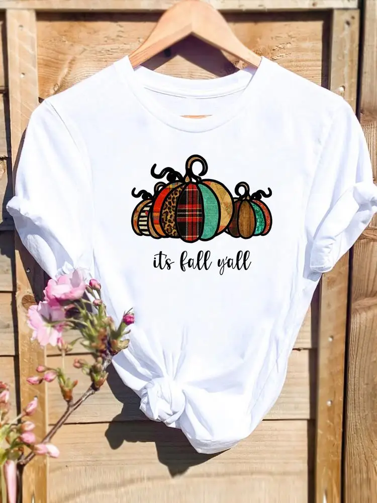 

Halloween Thanksgiving Fall Festival Women Female Fashion Leopard Pumpkin Trend 90s Clothing T-shirts Print T Top Graphic Tee