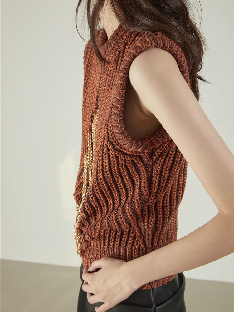 Женский ажурный свитер TWOTWINSTYLE однотонный вязаный жилет с круглым вырезом без