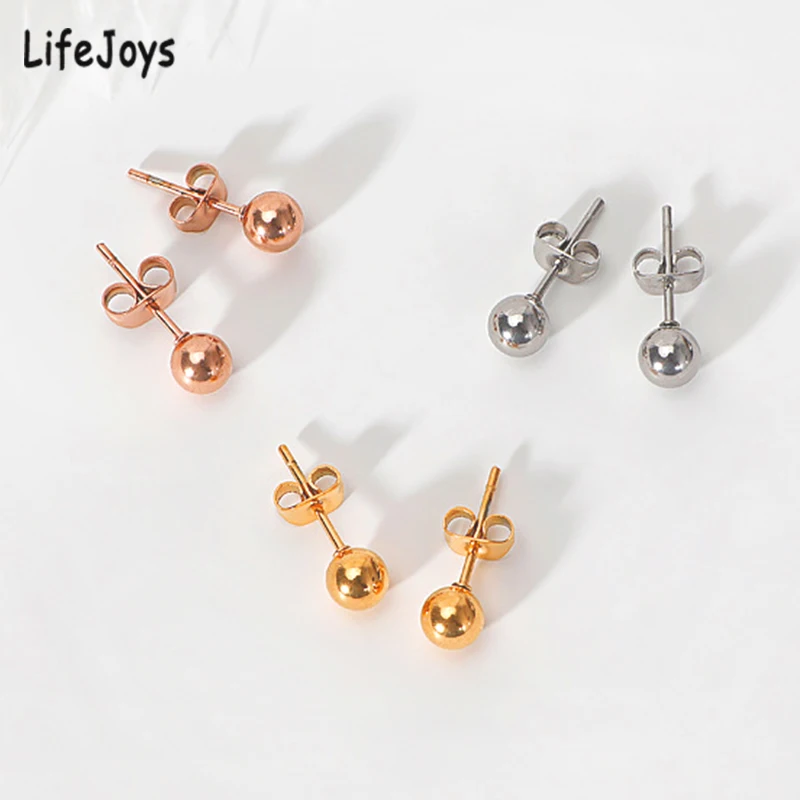 Stainless Steel Round Ball Earrings Rose Gold Silver Color Bead Ear Studs Women Geometric Jewelry Minimalist 3mm 4mm 5mm 6mm