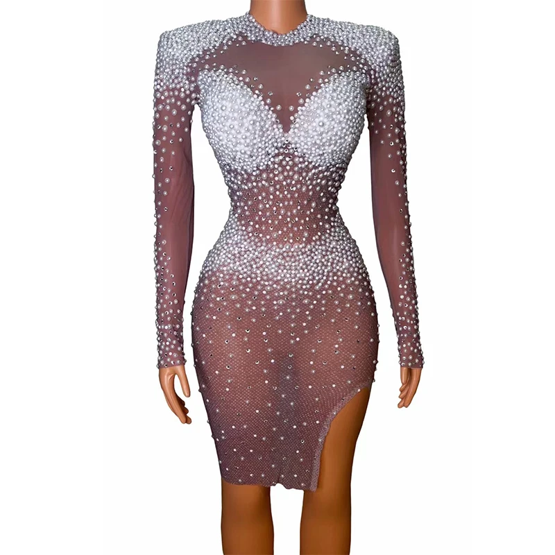 

Сексуальное сценическое вечернее платье стразы с жемчугом для празднования дня рождения платье для выпускного вечера прозрачный наряд сетчатый прозрачный костюм
