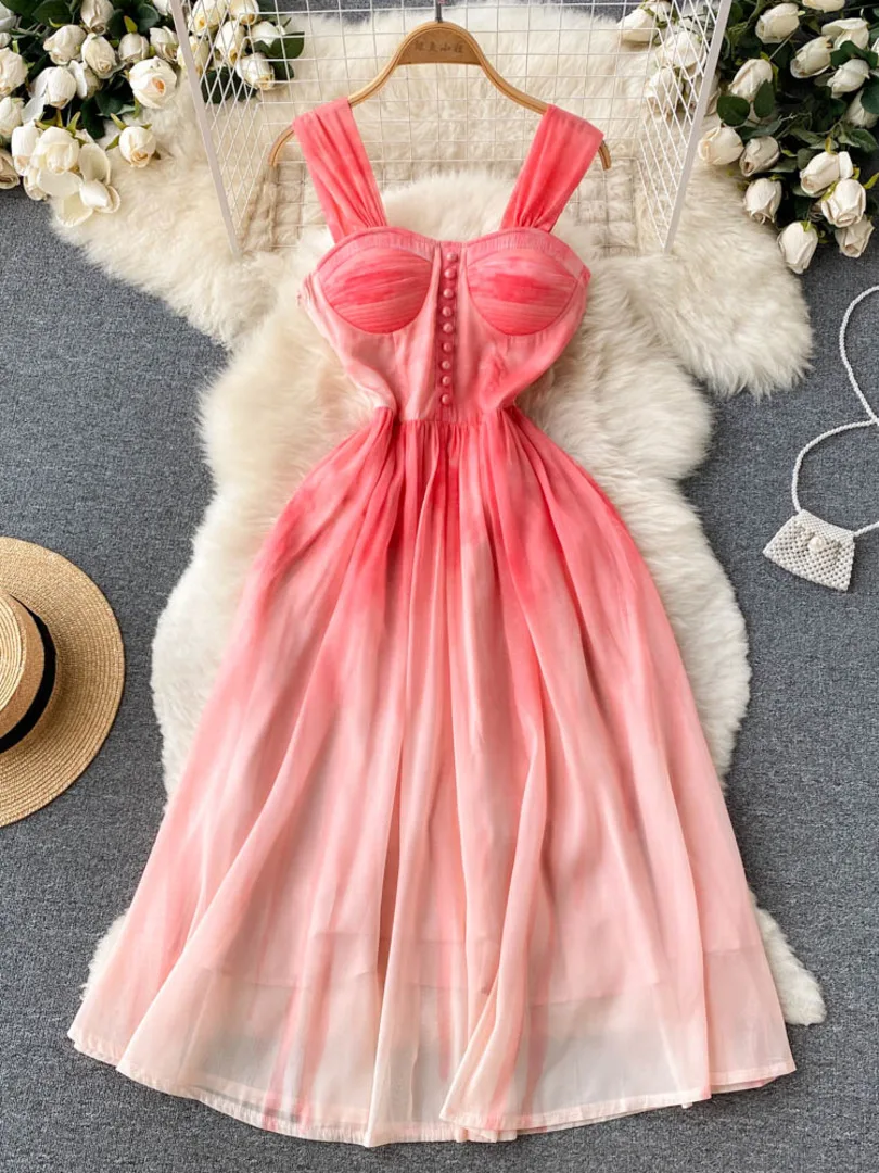 

2022 Summer Fashion Women's Dress Pink Gradient Color Spaghetti Strap Sleeveless Padded Empre Boho Beach A-line Holiday Dress